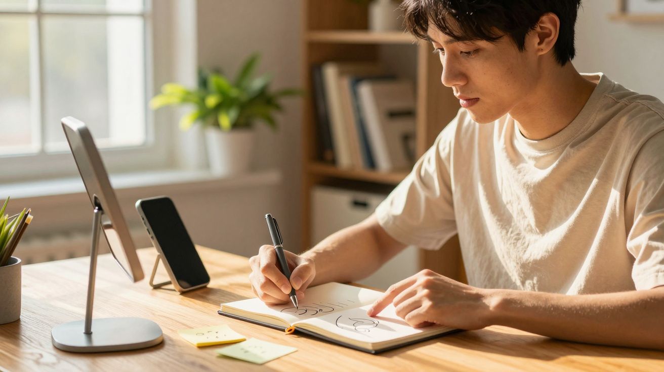 Eine Person schreibt in ein Notizbuch am Schreibtisch, mit einem Tablet und Pflanzen im Hintergrund.