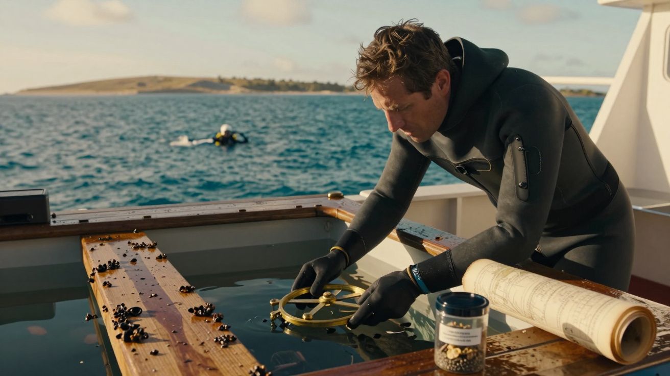 Ein Taucher auf einem Boot untersucht ein nautisches Instrument, während im Hintergrund ein weiterer Taucher im Wasser ist.