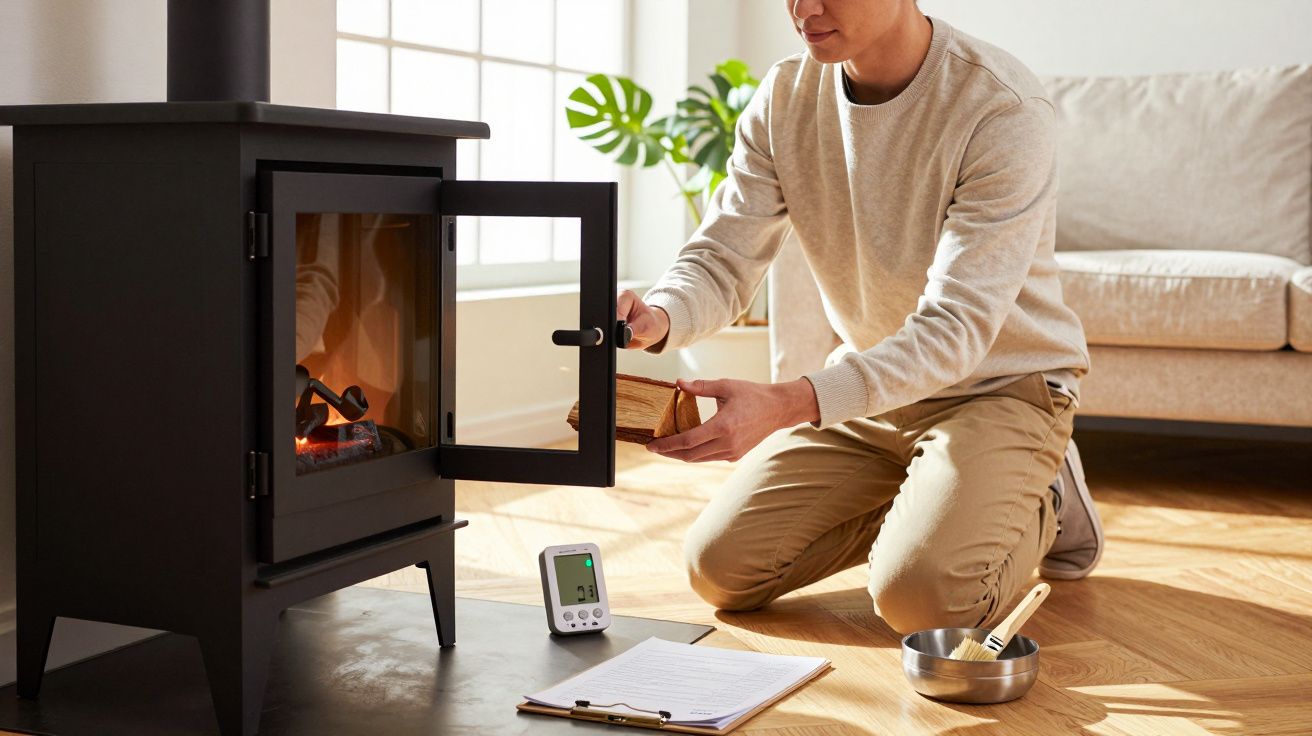 Mann kniet vor einem Holzofen, legt Holz nach, daneben ein Thermometer und Notizblock auf dem Holzboden.