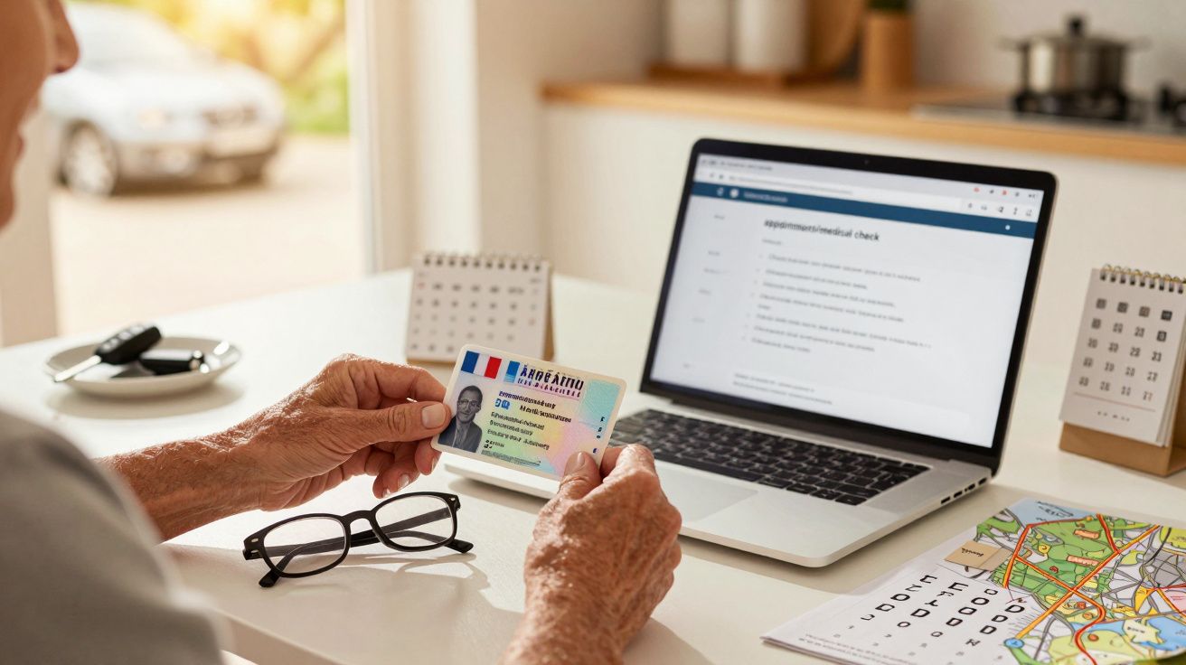 Ältere Person betrachtet Ausweis vor Laptop, auf dem ein Formular geöffnet ist; Brille, Schlüssel und Karte auf dem Tisch.