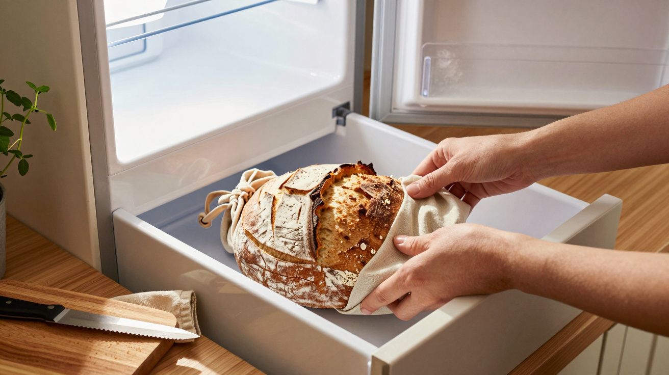 Person legt in Tuch gewickeltes Brot in die Schublade eines Kühlschranks. Daneben ein scharfes Brotmesser.
