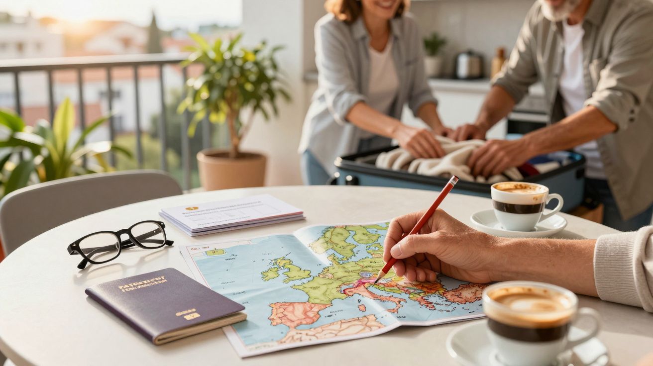 Person plant Reise mit Karte und Kaffee, während jemand Koffer packt. Balkontisch mit Pass und Brille.