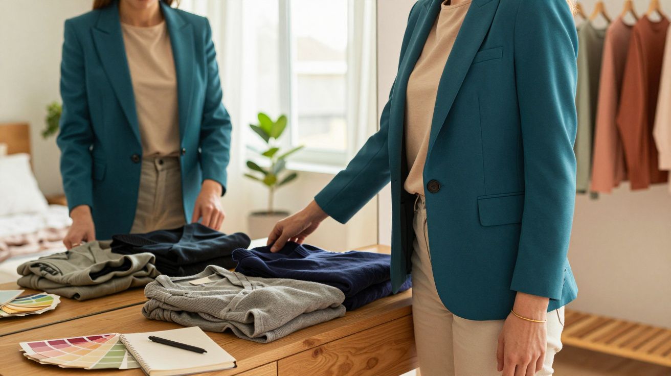 Frau in blauem Blazer sortiert Kleidung auf einem Tisch, umgeben von Farbmustern und Notizbuch im modernen Raum.