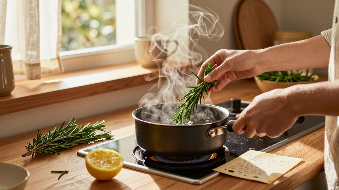 Person kocht mit Rosmarin in einem Topf auf dem Herd, Zitronenhälfte auf dem Tisch.