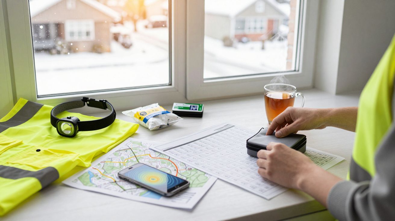 Person plant mit Karte, Handy und Checkliste auf Fenstersims, daneben gelbe Weste, Wasserflasche und Uhr.