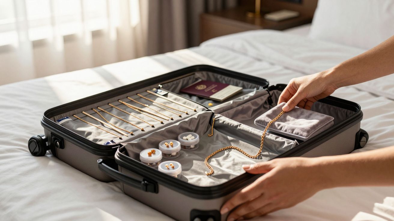 Offener Koffer mit Schmuck, Medikamenten und einem Reisepass auf einem Bett, Hände ordnen eine Halskette.