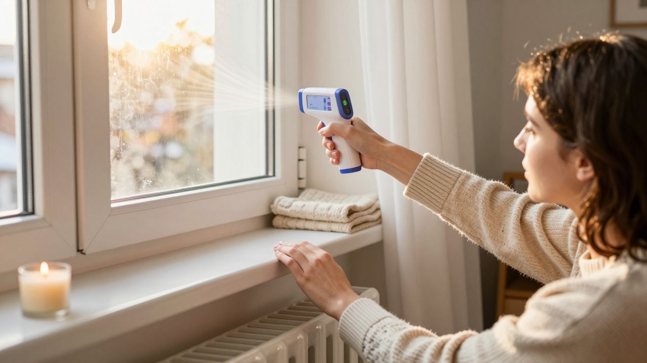 Frau überprüft Fensterisolierung mit einem Infrarotthermometer, Sonnenlicht fällt durchs Fenster.