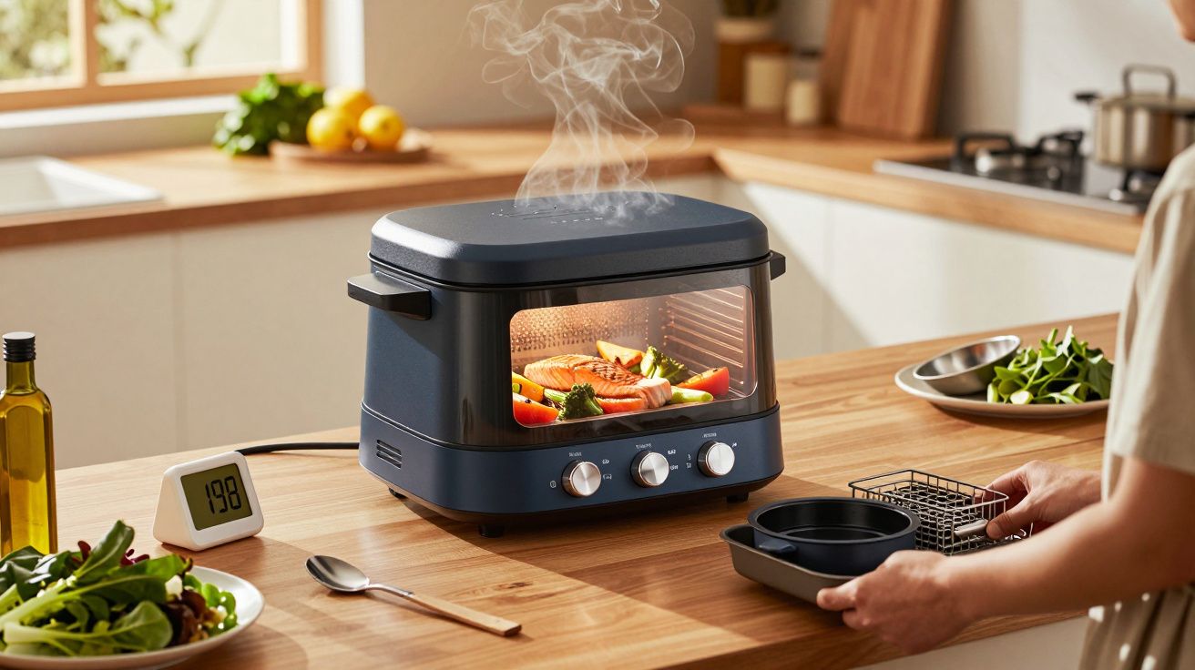 Kompakter Ofen auf Küchenarbeitsplatte mit dampfendem Gemüse im Inneren, umgeben von frischen Zutaten und Küchengeräten.