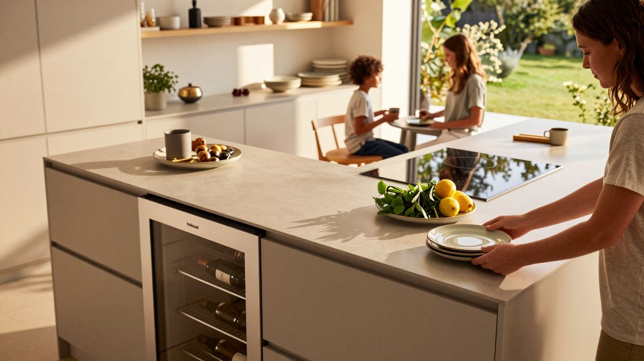 Moderne Küche mit Kochinsel, zwei Personen am Tisch, während eine Person Geschirr aufräumt, große Fenster mit Gartenblick.