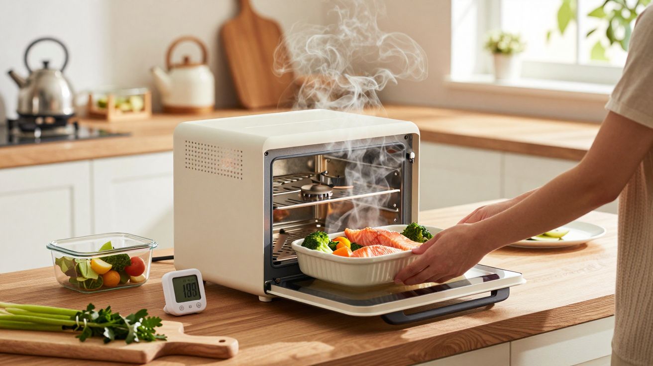 Eine Person nimmt ein dampfendes Gericht mit Lachs und Gemüse aus einem Mini-Ofen in einer modernen Küche heraus.