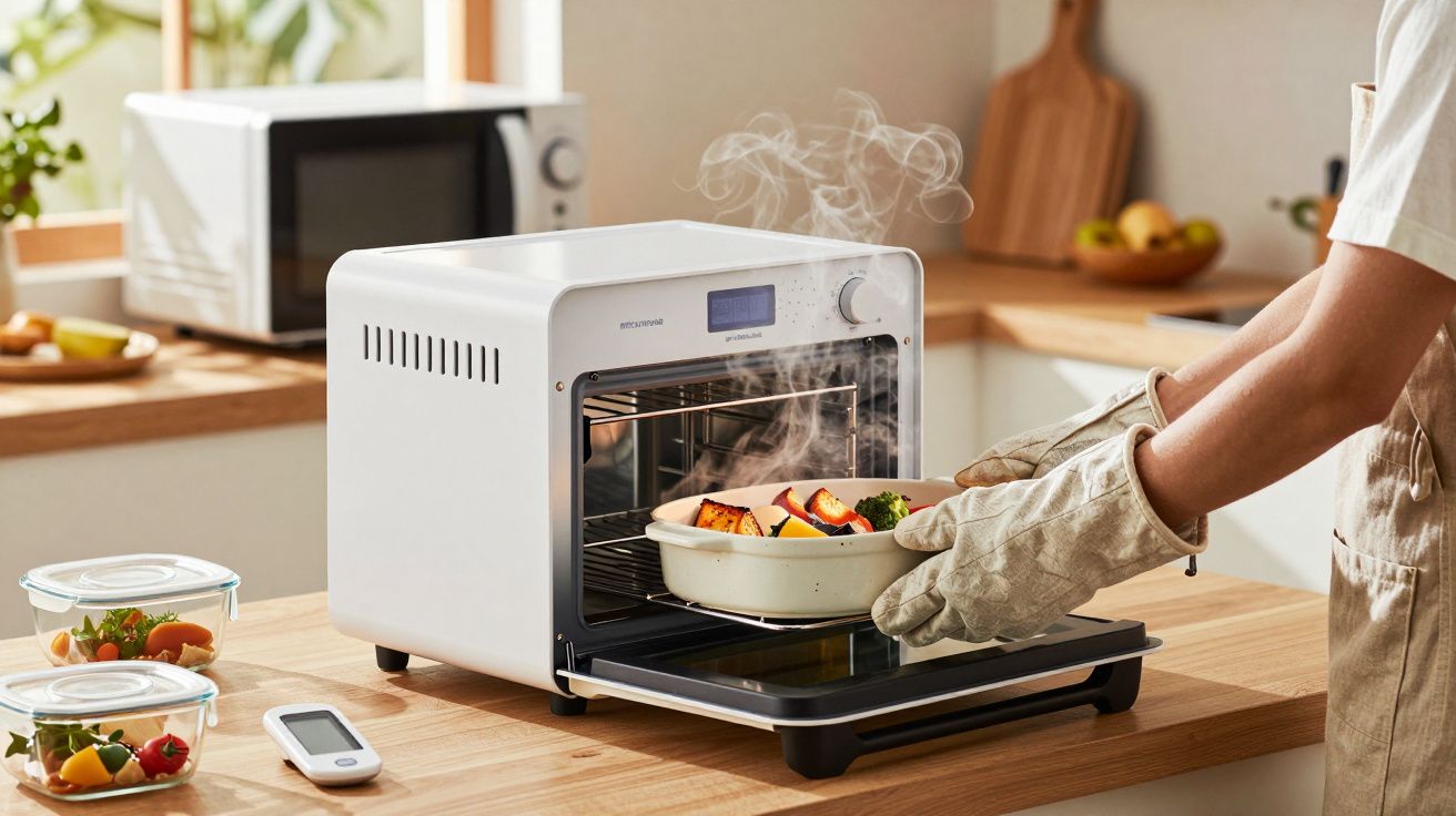 Person nimmt dampfende Auflaufform aus kleinem weißen Ofen in moderner Küche.