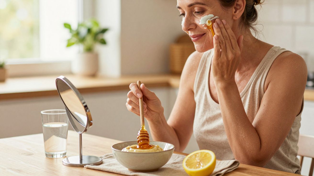 Frau trägt mit Honiglöffel eine selbstgemachte Gesichtsmaske auf, neben einem Spiegel und Zitronen am Tisch.