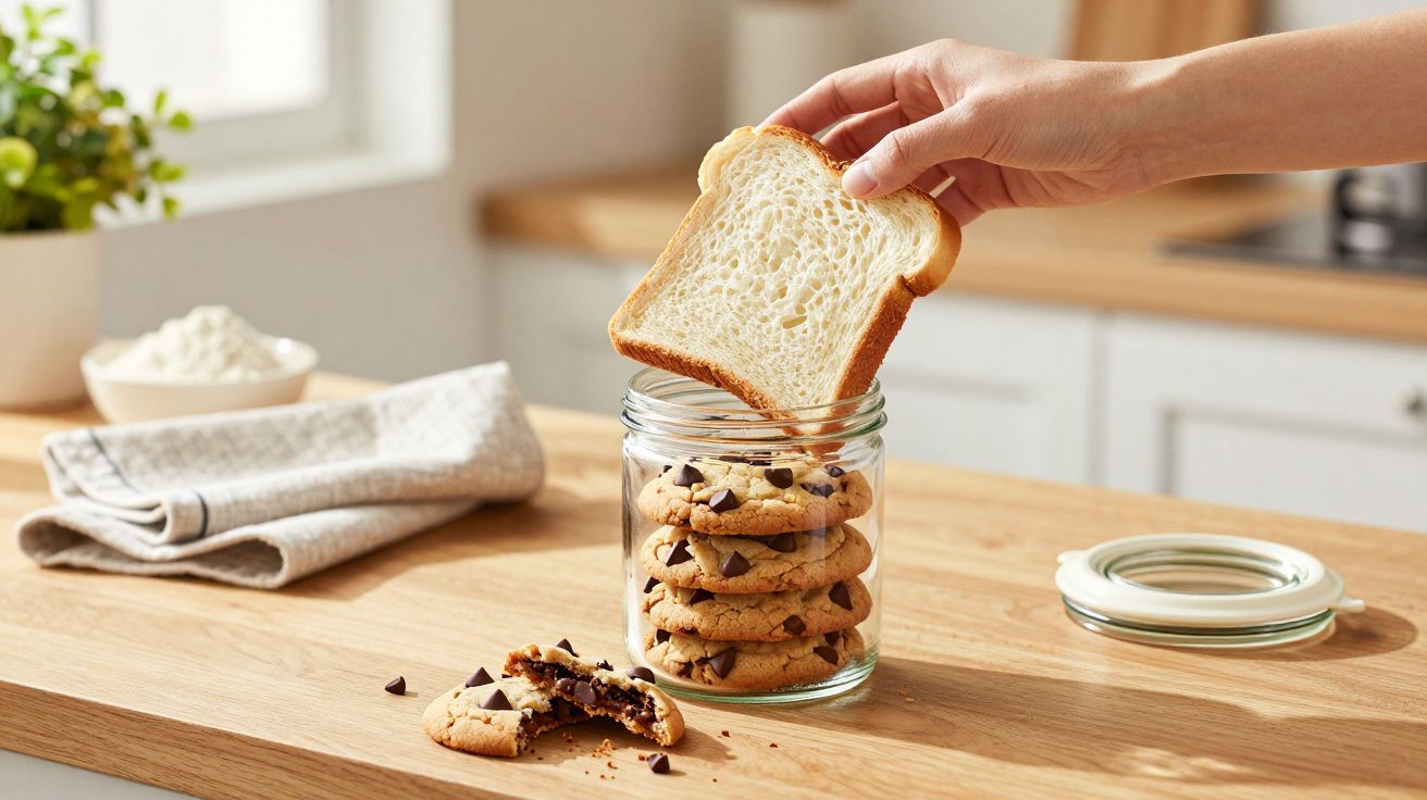 Hand legt Weißbrotscheibe in Glas mit Schokoladenkeksen auf Holztisch in heller Küche.