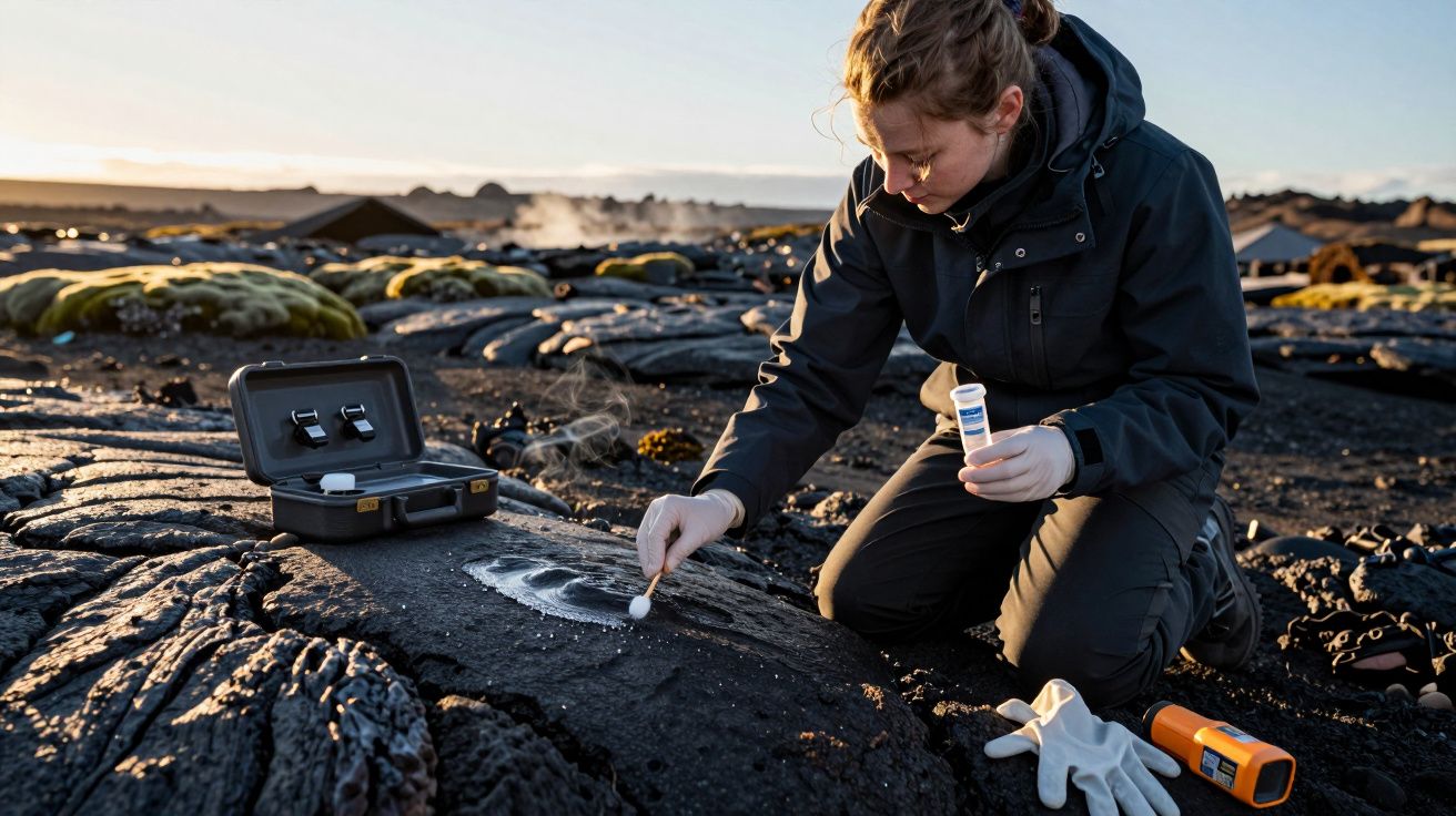 Frau in Outdoor-Kleidung untersucht Lavafeld mit Laborwerkzeug und offenem Koffer. Vulkanische Landschaft im Hintergrund.
