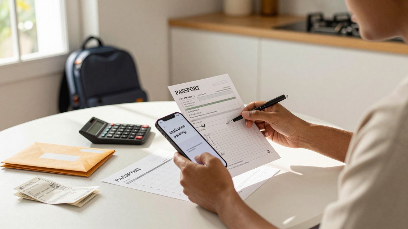 Person füllt Passantragsformular aus, während sie ihr Handy hält; auf dem Tisch liegen Taschenrechner und Umschläge.