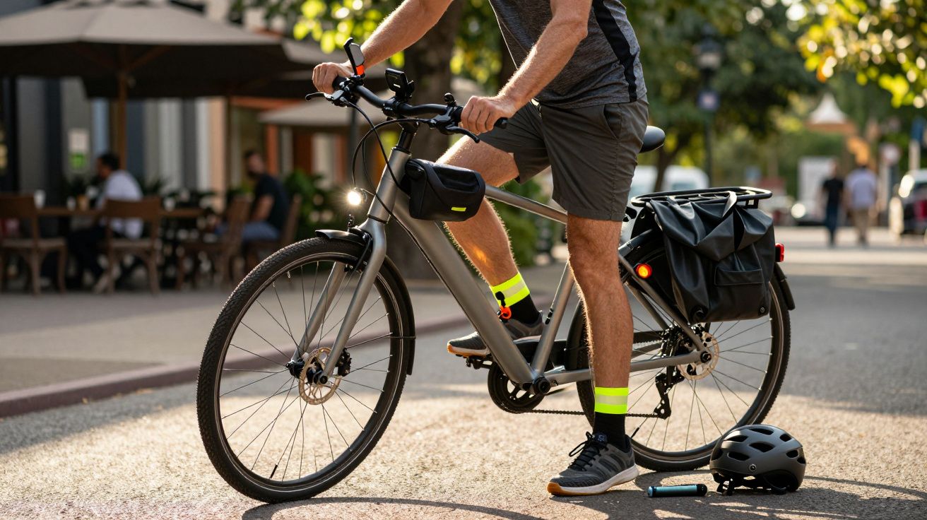 Mann auf Fahrrad mit Schutzhelm auf der Straße bei sonnigem Wetter, trägt sportliche Kleidung und leuchtend gelbe Socken.