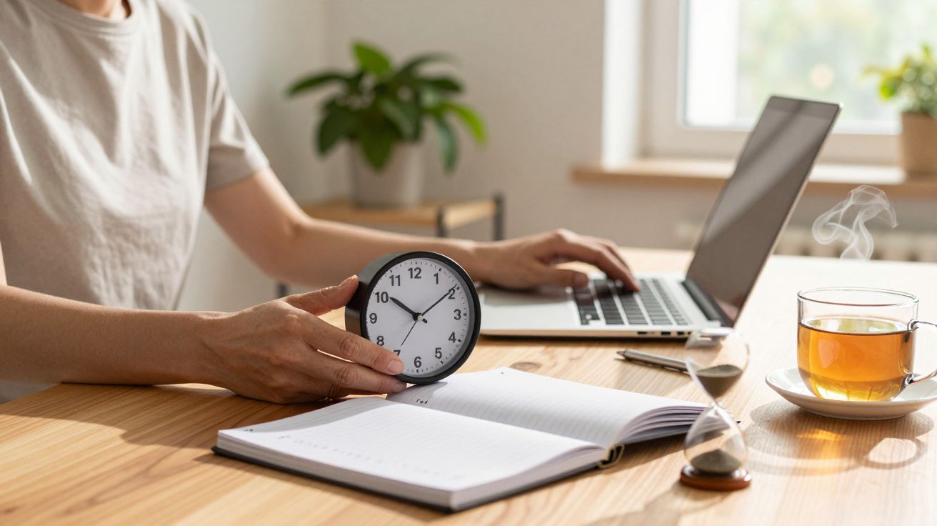 Person am Schreibtisch mit Laptop, Uhr, Notizbuch, Sanduhr und Tee.
