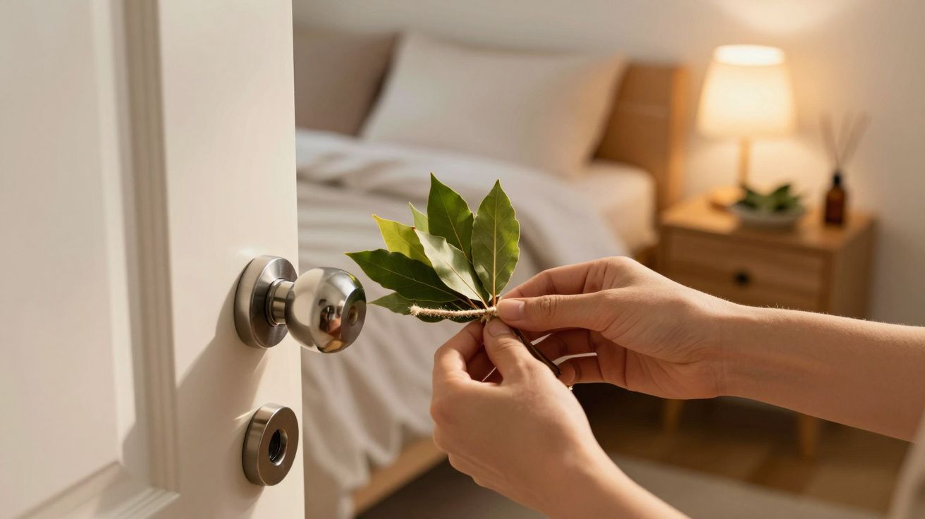 Hände halten Lorbeerblätter vor einer offenen Tür, im Hintergrund ein Schlafzimmer mit Nachttischlampe.