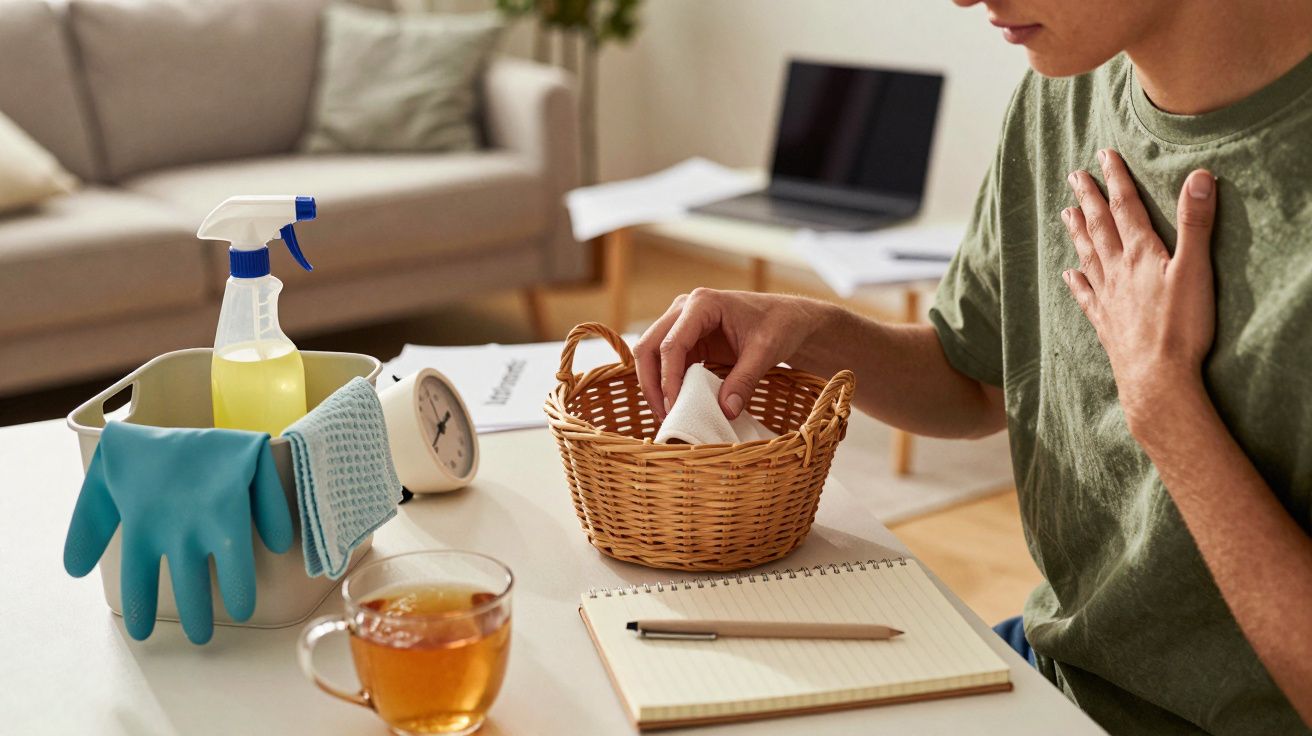 Person in grünem T-Shirt sitzt an einem Tisch mit Putzutensilien, einer Tasse Tee, einem Notizbuch und einem Laptop.