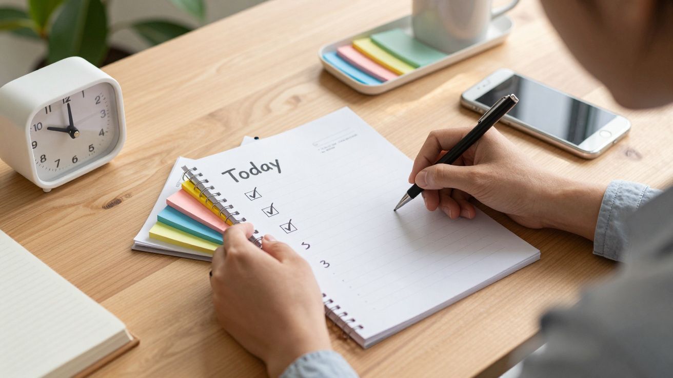 Person schreibt eine To-Do-Liste auf einem Block, umgeben von Uhr, Handy und bunten Notizzetteln auf einem Schreibtisch.