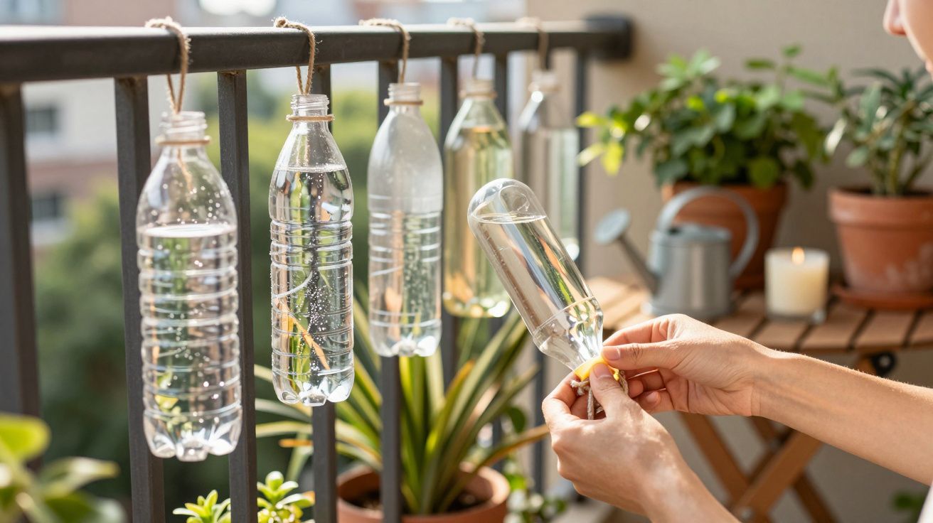 Kunststoffflaschen mit Schnüren an einem Balkon aufgehängt, bepflanzte Töpfe und Kerzen im Hintergrund.