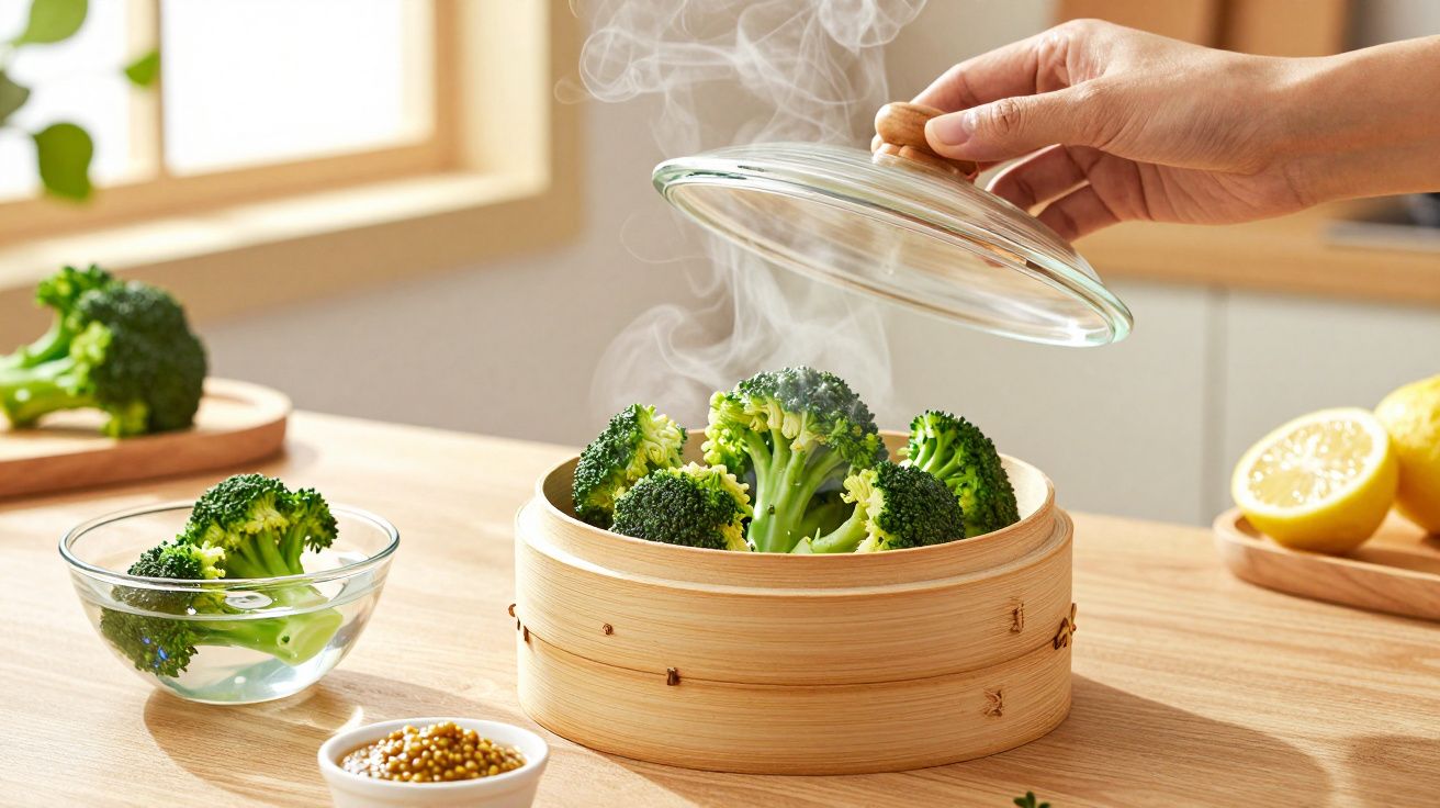 Dampfender Brokkoli in einem Bambusdämpfer, eine Hand hebt den Glasdeckel an. Im Hintergrund eine Schale und Zitronen.