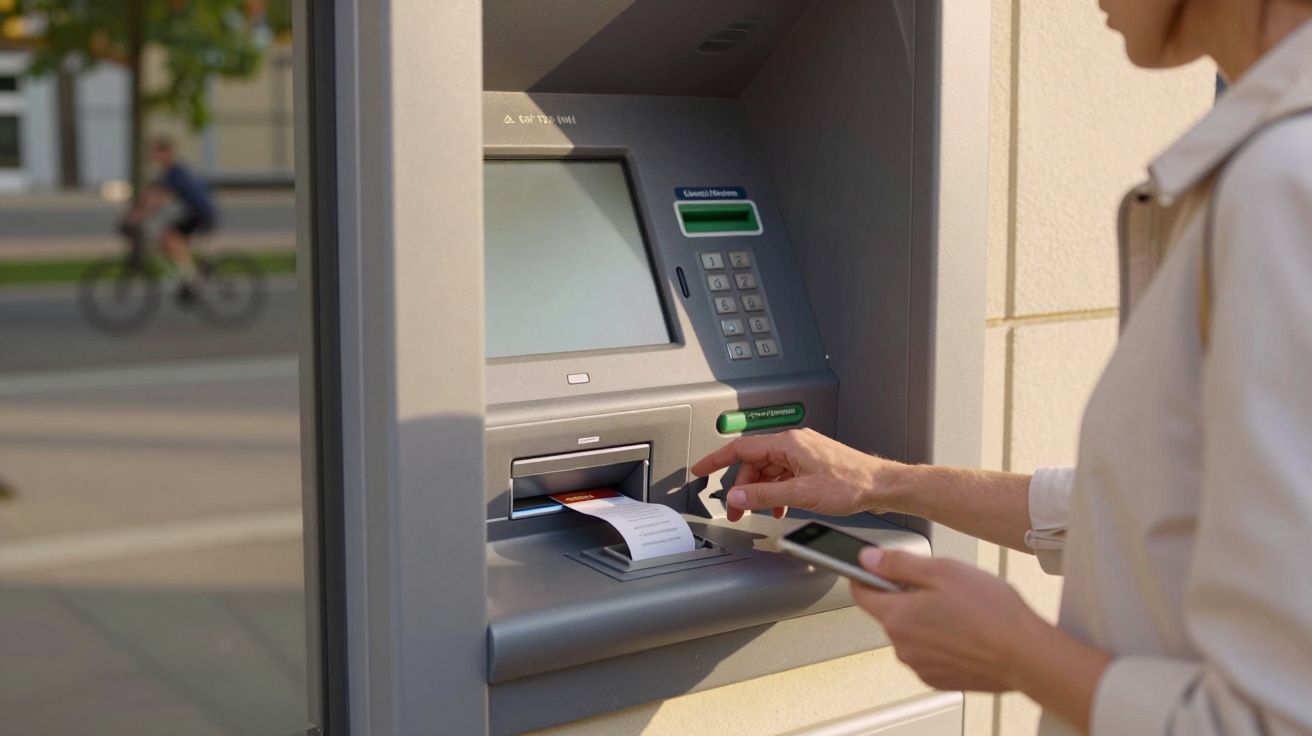 Person hebt Beleg aus Geldautomat; hält Smartphone in der anderen Hand. Fahrradfahrer im Hintergrund auf der Straße.