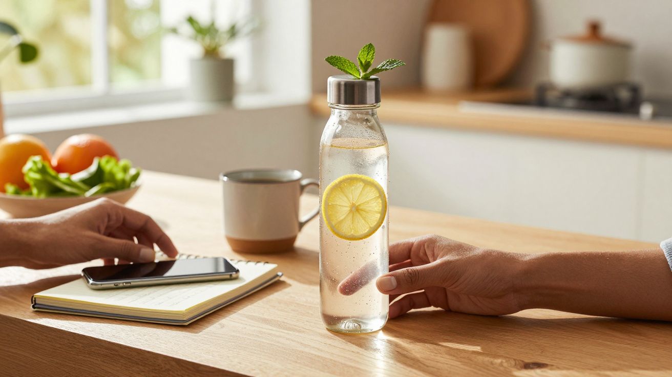 Glasflasche mit Wasser, Zitrone und Minze auf Tisch, Hände mit Notizbuch und Smartphone daneben.