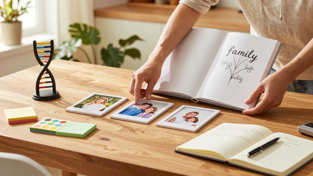 Person blättert in Fotobuch mit "family"-Schriftzug, Fotos und Notizen auf Holztisch, DNA-Modell im Hintergrund.