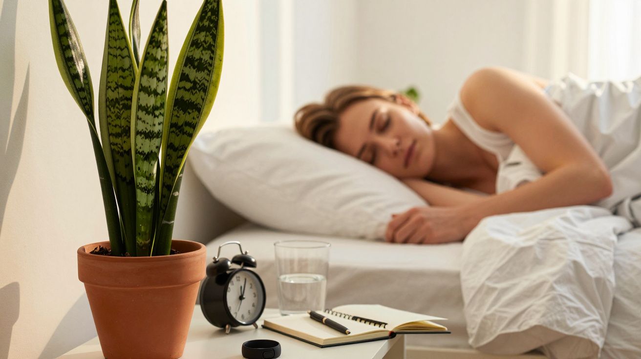 Eine Frau schläft im Bett. Daneben steht ein Tisch mit einer Pflanze, Wecker, Wasserglas und Notizbuch.