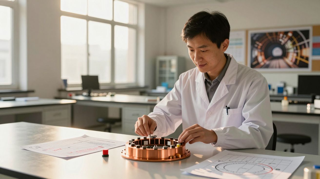Ein Wissenschaftler im weißen Kittel arbeitet in einem Labor an einem metallischen Gerät auf einem Tisch voller Papiere.